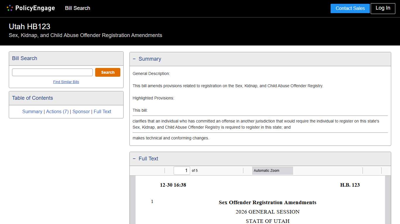 HB123 Utah 2026 Sex, Kidnap, and Child Abuse Offender Registration Amendments - Legislative Tracking PolicyEngage